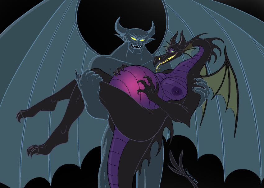 2022 anthro belly big_belly breasts chernabog claws convexpert demon disney dragon duo fangs fantasia female glowing glowing_eyes half-closed_eyes hand_on_stomach hands_on_stomach head_wings hi_res holding_partner horn looking_at_another male maleficent narrowed_eyes nipples nude open_mouth pregnant pregnant_female scales scalie sleeping_beauty_(1959) smile spread_wings standing toe_claws tongue tongue_out western_dragon wide_eyed wings