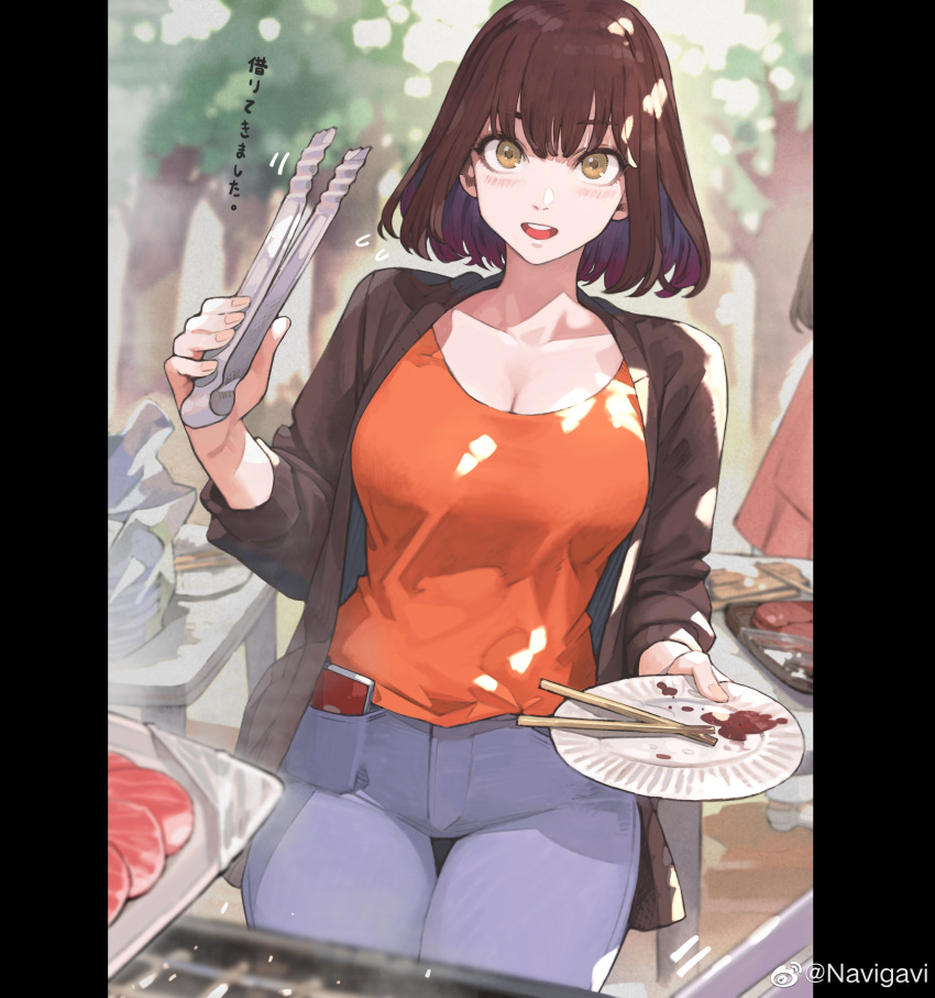 1girl absurdres bangs breasts brown_hair cellphone chopsticks denim flying_sweatdrops food grill highres holding holding_plate holding_tongs jacket jeans jun_(seojh1029) looking_at_viewer meat medium_hair original outdoors pants paper_plate phone plate pov smartphone sweater_jacket table tongs translated tree weibo_logo weibo_username