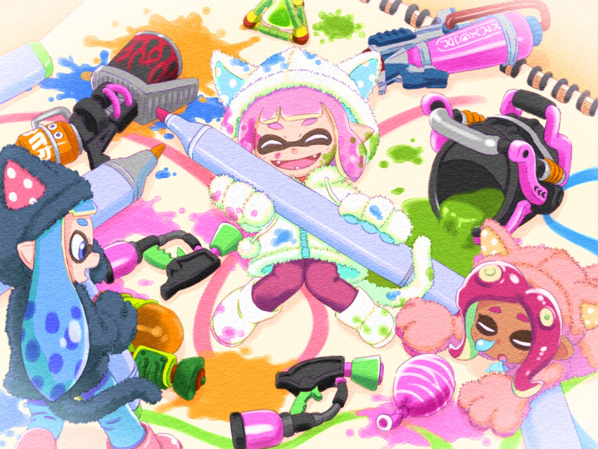 3girls :d ^_^ animal_hood black_hoodie blue_eyes blue_hair blue_pants boots bucket burst_bomb_(splatoon) cat_hood closed_eyes dark-skinned_female dark_skin drawstring drooling fangs highres holding holding_marker hood hood_up hoodie inkling inkling_girl knees_together_feet_apart leg_up lying marker multiple_girls nose_bubble octarian octoling octoling_girl on_back on_stomach open_mouth oversized_object paint paint_splatter paint_splatter_on_face pants pink_footwear pink_hair pink_hoodie pink_pants pointy_ears pom_pom_(clothes) range_blaster_(splatoon) saliva short_hair sleeping slosher_(splatoon) smile splat_bomb_(splatoon) splat_dualies_(splatoon) splatoon_(series) splattershot_(splatoon) splattershot_pro_(splatoon) suction_cups super_soaker tentacle_hair white_footwear white_hoodie yugmlecpdduukox