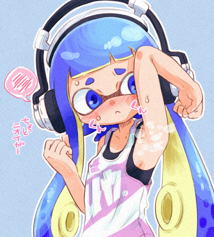 1girl :&lt; arm_up armpits bare_arms bare_shoulders blue_background blue_eyes blue_hair blush breasts closed_mouth collarbone covered_nipples hand_up headphone-chan_(splatoon) headphones highres inkling inkling_girl long_hair nose_blush outline sideboob small_breasts solo speech_bubble splatoon_(manga) splatoon_(series) spoken_blush steaming_body suction_cups sweat tank_top tentacle_hair white_outline yugmlecpdduukox