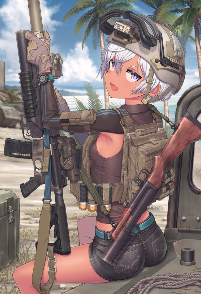 1girl armpits bare_legs beach belt blue_sky breasts cloud commentary_request dark-skinned_female dark_skin day denim denim_shorts fang from_behind globes goggles goggles_on_headwear grenade_launcher gun helmet highres holding holding_gun holding_weapon midriff ocean on_vehicle open_mouth original outdoors palm_tree purple_eyes samaru_(seiga) sand short_shorts shorts sideboob sitting sitting_on_car skin_fang sky small_breasts smile solo sunlight thighs tree water weapon weapon_request white_hair