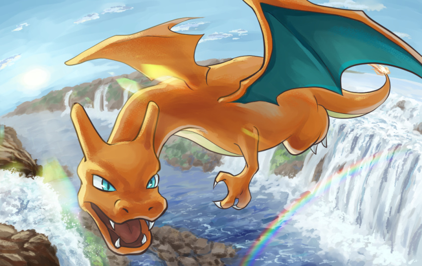 animal_focus blue_eyes blue_sky charizard claws cloud commentary_request day dragon fangs fire flame-tipped_tail flying full_body hinata_kanata lens_flare midair no_humans open_mouth outdoors pokemon pokemon_(creature) rainbow river sky solo water waterfall