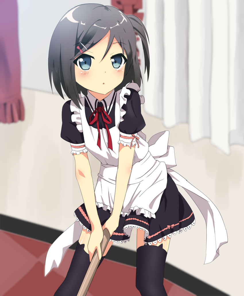 1girl absurdres apron black_dress black_hair black_thighhighs blue_eyes blurry blush dress hair_ornament hairclip hentai_ouji_to_warawanai_neko. highres indoors looking_at_viewer maid_apron medium_hair red_ribbon ribbon short_ponytail short_sleeves side_ponytail standing thighhighs tsutsukakushi_tsukiko utyuueituu