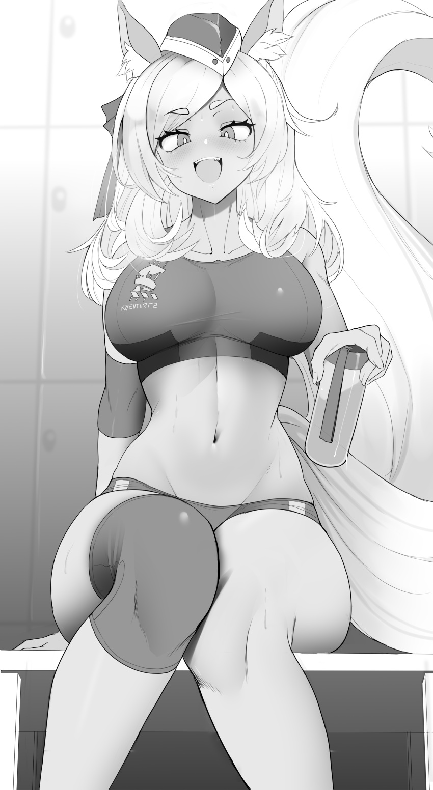 1girl absurdres alternate_costume animal_ears arknights bottle greyscale hat highres holding holding_bottle horse_ears horse_girl horse_tail midriff monochrome navel ribbon sally_(luna-arts) sitting solo sports_bikini stomach tail thick_eyebrows whislash_(arknights)