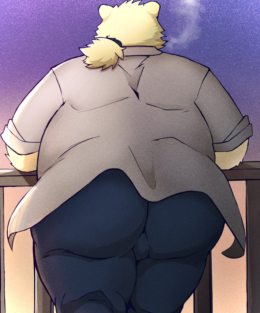 2022 anthro belly big_belly big_butt bottomwear bulge butt clothing hi_res kaki_no_tane1 kemono leib_(tas) lifewonders male mammal outside overweight overweight_male pants polar_bear shirt solo tokyo_afterschool_summoners topwear ursid ursine video_games