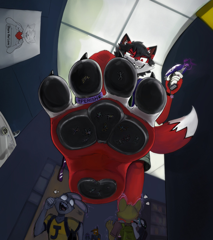 4_toes 5_fingers absurd_res anthro armband bottomwear canid canine claws clothing digit_ring feet fingers foot_fetish foot_focus fox fur grin hallway hi_res holding_object holding_weapon jewelry lagomorph leporid looking_down looming low-angle_view male mammal micro olimtod pawpads paws poster rabbit raised_paw red_body red_fur ring running_away shaking shirt shorts shrink_ray smile solo stomping_pov stuck_to_foot text text_on_jewelry toe_ring toes topwear water_fountain weapon