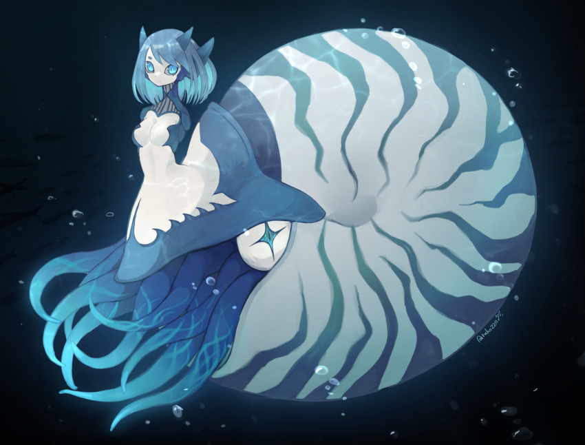 1girl ammonite black_background blue_eyes blue_hair blue_skin closed_mouth colored_inner_hair colored_skin completely_nude extra_eyes full_body highres horns long_neck looking_at_viewer monster_girl multicolored_hair multicolored_skin multiple_horns no_arms no_legs nude original ruteko_(ruko220) shell short_eyebrows short_hair simple_background slit_pupils solo symbol-shaped_pupils taur tentacles twitter_username white_hair white_skin