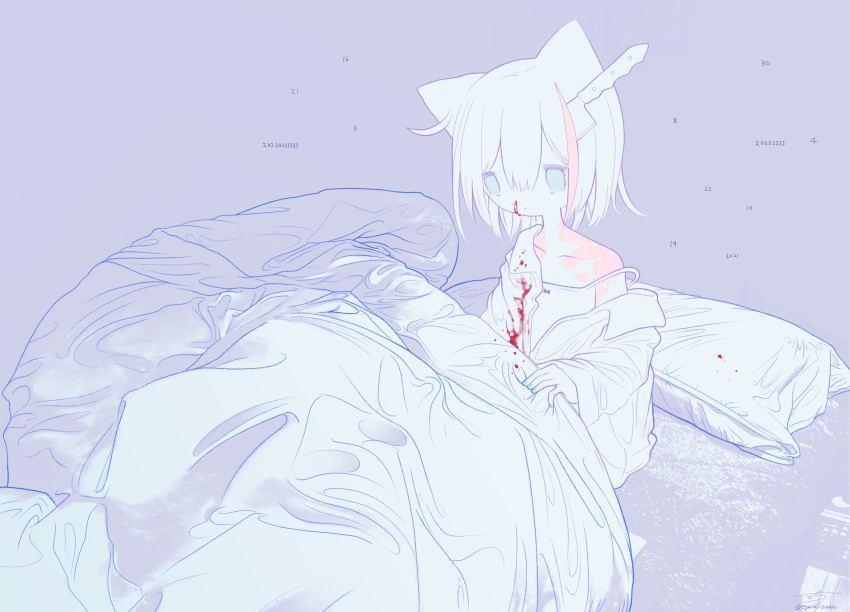 1girl absurdres animal_ears bangs bare_shoulders bed blanket blood blood_on_clothes blood_stain blue_background blue_eyes blue_nails camisole cat_ears collarbone collared_shirt empty_eyes hair_between_eyes highres knife_in_head limited_palette long_sleeves multicolored_hair nail_polish nosebleed off_shoulder open_clothes open_shirt original outo_eguchi parted_lips pillow shirt short_hair simple_background sitting skin_rash solo spaghetti_strap strap_slip streaked_hair under_covers undershirt