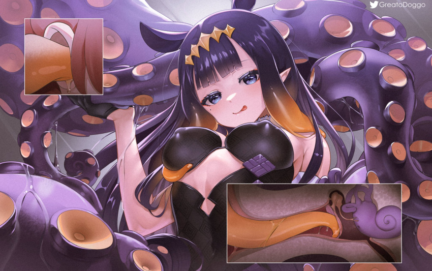 1girl :p alternate_breast_size bangs blush breasts covered_navel covered_nipples crease dress gloves gradient_hair greatodoggo headpiece highres hololive hololive_english looking_at_viewer mole mole_under_eye multicolored_hair ninomae_ina'nis non-web_source scan sidelocks solo tentacles tongue tongue_out virtual_youtuber