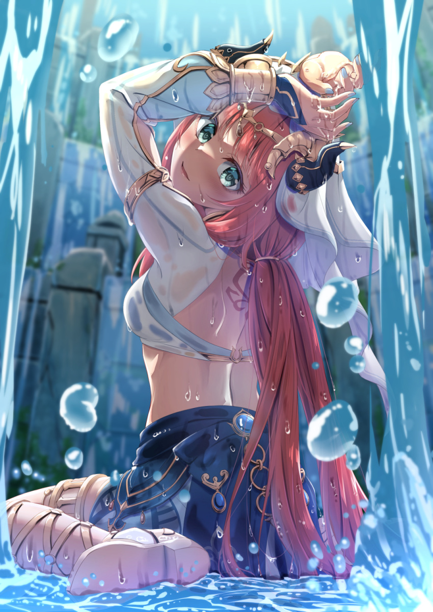 1girl aqua_eyes arms_up back_tattoo bangs bassa blue_nails breasts clothing_cutout fake_horns forehead_jewel from_behind genshin_impact gladiator_sandals harem_outfit highres horns long_hair looking_at_viewer looking_back low_twintails nilou_(genshin_impact) open_mouth red_hair sandals shrug_(clothing) sitting small_breasts smile solo tattoo twintails veil vision_(genshin_impact) wariza water water_drop waterfall wet wet_clothes wet_hair