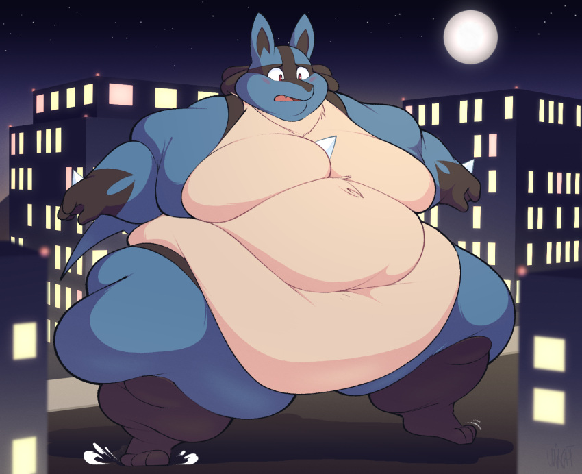 anthro belly belly_overhang big_belly black_body black_fur blue_body blue_fur building chubby_cheeks fat_rolls full-length_portrait fur generation_4_pokemon hi_res love_handles lucario macro male moobs morbidly_obese nintendo obese overweight pokemon pokemon_(species) portrait solo standing tan_body tan_fur thick_arms thick_thighs unixcat video_games wide_hips