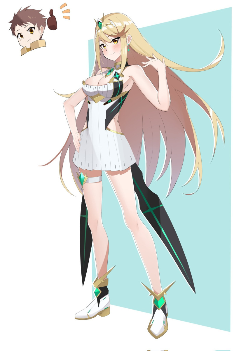 1boy 1girl anonair1_(anno) bangs blonde_hair breasts brown_eyes brown_gloves brown_hair chest_jewel circlet cleavage cleavage_cutout closed_mouth clothing_cutout dress earrings full_body gloves hand_on_hip highres jewelry large_breasts long_hair looking_at_viewer mythra_(xenoblade) rex_(xenoblade) sleeveless sleeveless_dress smile standing thumbs_up white_background white_dress white_footwear xenoblade_chronicles_(series) xenoblade_chronicles_2 yellow_eyes