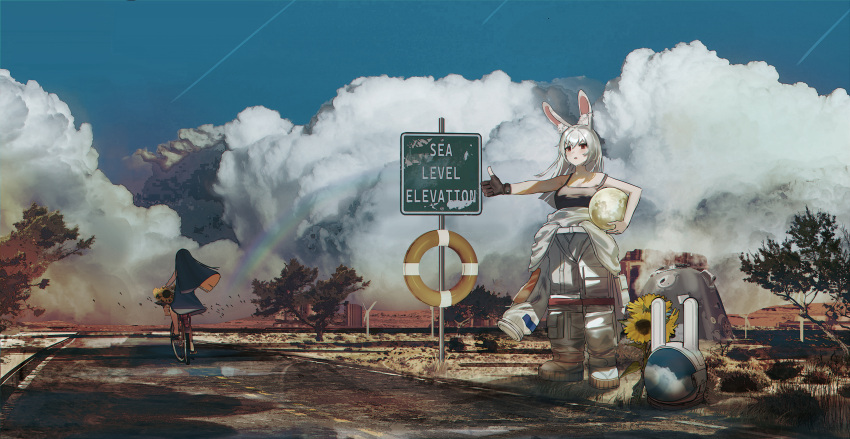 2girls absurdres animal_ears astronaut bicycle blue_sky cloud day geki_dan ground_vehicle headwear_removed helmet helmet_removed highres hitchhiking holding long_hair moon multiple_girls original outdoors partially_undressed rabbit_ears rabbit_girl rainbow red_eyes riding riding_bicycle road road_sign scenery sign sky solo_focus space_helmet spacesuit thumbs_up tree white_hair