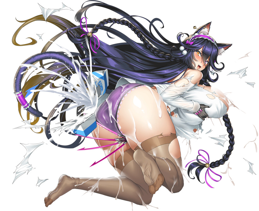 1girl :3 absurdly_long_hair animal_ear_fluff animal_ears ass bell black_gloves blue_hair blush braid breasts brown_thighhighs cat_ears cat_girl cat_tail claws convenient_censoring dark_blue_hair defeat ear_piercing fang feet frilled_panties frills game_cg gloves grabbing_own_breast gradient_hair hair_bell hair_between_eyes hair_ornament hair_ribbon heterochromia highres huge_breasts huge_claws jewelry jingle_bell_earrings last_origin long_hair looking_at_viewer maid_headdress milk milk_carton multicolored_hair multiple_braids no_bra obui official_alternate_costume official_art open_mouth panties piercing poi_(last_origin) pom_pom_(clothes) pom_pom_hair_ornament purple_eyes purple_panties purple_ribbon ribbon shirt simple_background smile solo tail thighhighs torn_clothes torn_shirt torn_thighhighs transparent_background twin_braids underwear very_long_hair wet wet_clothes wet_shirt yellow_eyes
