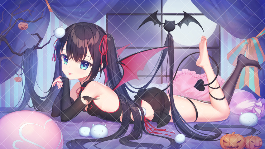 1girl :p bangs bare_shoulders barefoot black_dress black_hair black_thighhighs blue_eyes branch breasts bridal_gauntlets cat_hair_ornament chi_yei closed_mouth commentary_request copyright_request curtains demon_girl demon_tail demon_wings dress full_moon hair_between_eyes hair_ornament hair_ribbon hands_up highres indoors jack-o'-lantern long_hair lying medium_breasts moon night no_shoes on_stomach red_ribbon red_wings ribbon single_thighhigh smile soles solo tail thigh_strap thighhighs tongue tongue_out twintails very_long_hair virtual_youtuber window wings