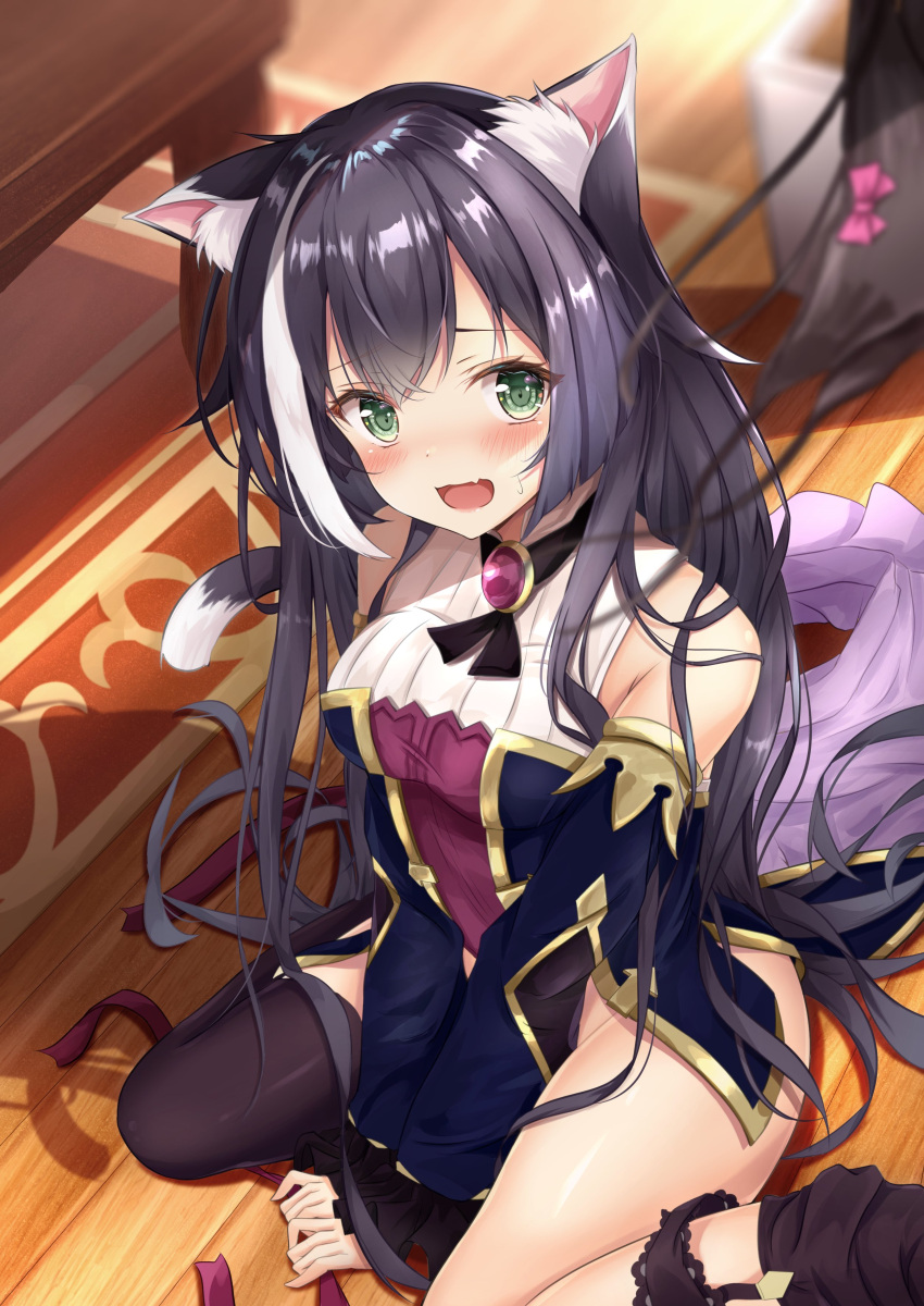 1girl absurdres animal_ear_fluff animal_ears black_hair black_panties black_thighhighs blurry blurry_foreground blush breasts cat_ears cat_girl cat_tail clothes_theft detached_sleeves fang from_above hair_down highres karyl_(princess_connect!) long_hair looking_at_viewer medium_breasts multicolored_hair on_floor open_mouth panties panties_around_one_leg princess_connect! rumiko_(rmeco) single_thighhigh sitting skin_fang solo streaked_hair tail theft thighhighs thighs underwear underwear_theft v_arms very_long_hair wariza white_hair