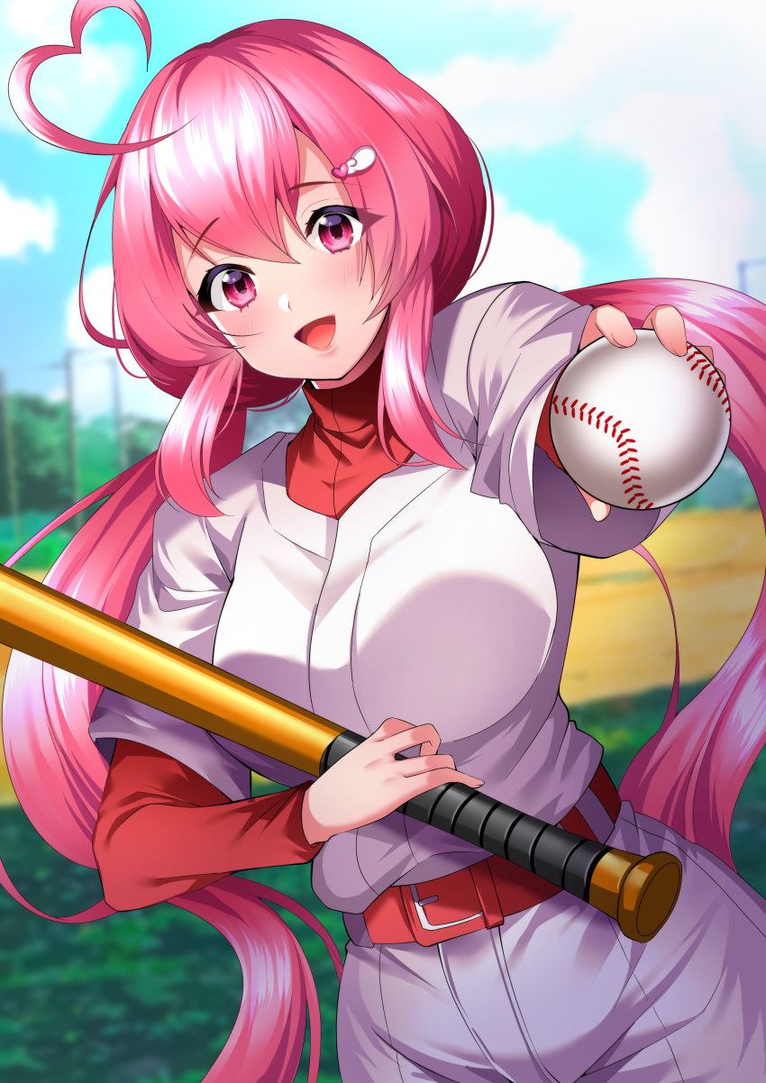 1girl absurdres ahoge amane_karen ball bangs baseball baseball_bat baseball_uniform belt blush breasts cloud commission heart heart_hair highres holding holding_ball holding_baseball_bat jikkyou_powerful_pro_yakyuu large_breasts looking_at_viewer low_twintails pants pink_eyes pink_hair power_pro_appli red_belt skeb_commission sky smile solo sportswear twintails uzura_(moimoi) white_pants