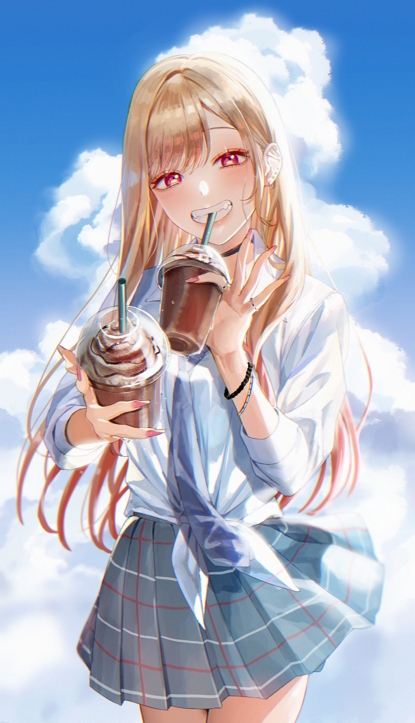 1girl absurdres bangs barbell_piercing black_choker blonde_hair blue_necktie blue_sky bracelet choker cloud cloudy_sky cowboy_shot cup day disposable_cup drinking drinking_straw ear_piercing earrings fingernails gradient_hair grin highres holding holding_cup jewelry kitagawa_marin long_fingernails long_hair long_sleeves looking_at_viewer multicolored_hair nail_polish necktie outdoors piercing pink_nails plaid plaid_skirt pleated_skirt red_eyes red_hair ring school_uniform shirt sinomi skirt sky smile solo sono_bisque_doll_wa_koi_wo_suru swept_bangs teeth tied_shirt wind