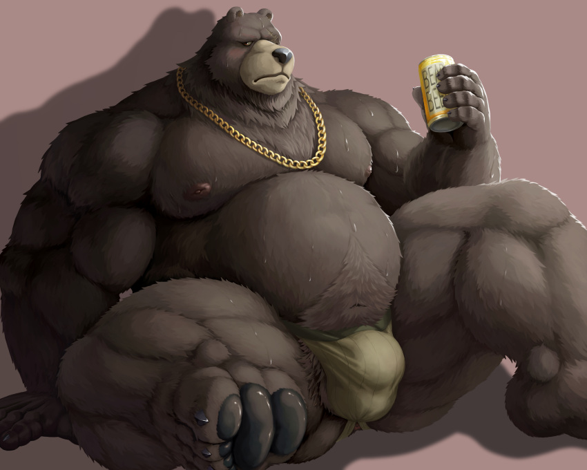 2022 alcohol anthro anus beer belly ben_(zenless_zone_zero) beverage big_belly black_nose bulge can clothing container dendoro hi_res jockstrap kemono male mammal mihoyo moobs musclegut nipples overweight overweight_male sitting solo underwear ursid zenless_zone_zero