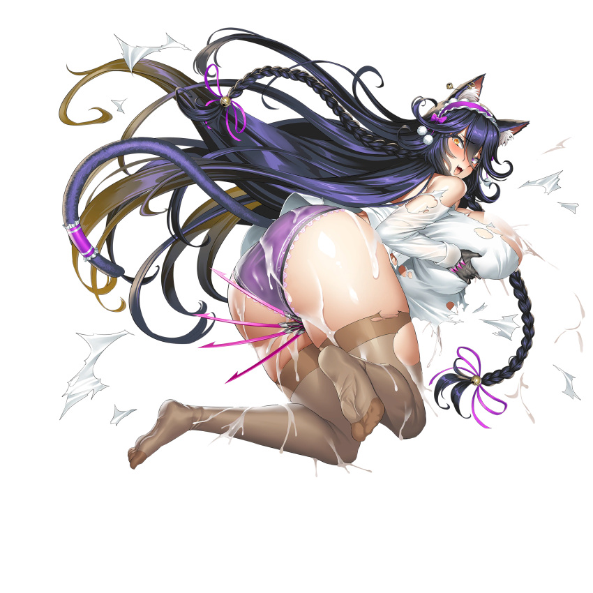 1girl :3 absurdly_long_hair animal_ear_fluff animal_ears ass bell black_gloves blue_hair blush braid breasts brown_thighhighs cat_ears cat_girl cat_tail claws convenient_censoring dark_blue_hair defeat ear_piercing fang feet frilled_panties frills game_cg gloves grabbing_own_breast gradient_hair hair_bell hair_between_eyes hair_ornament hair_ribbon heterochromia highres huge_breasts huge_claws jewelry jingle_bell_earrings last_origin long_hair looking_at_viewer maid_headdress milk multicolored_hair multiple_braids no_bra obui official_alternate_costume official_art open_mouth panties piercing poi_(last_origin) pom_pom_(clothes) pom_pom_hair_ornament purple_eyes purple_panties purple_ribbon ribbon shirt simple_background smile solo tail thighhighs torn_clothes torn_shirt torn_thighhighs transparent_background twin_braids underwear very_long_hair wet wet_clothes wet_shirt yellow_eyes