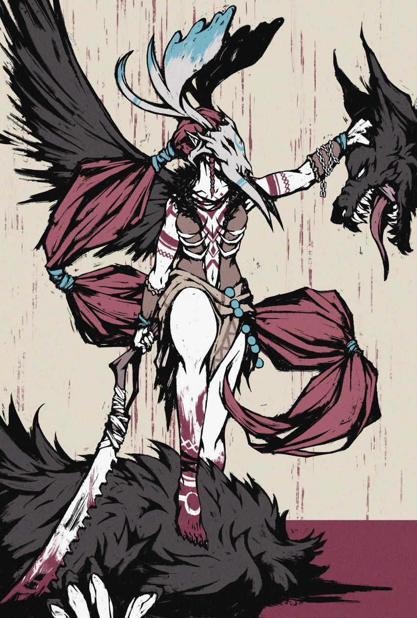 absurdres akramness antlers barefoot beads blood claws decapitation giant giant_monster headless highres holding holding_sword holding_weapon katana long_hair long_toenails mask original ponytail prayer_beads red_hair serrated_blade sharp_toenails single_wing sword tattoo toenails tribal_dress tribal_tattoo weapon wings wolf