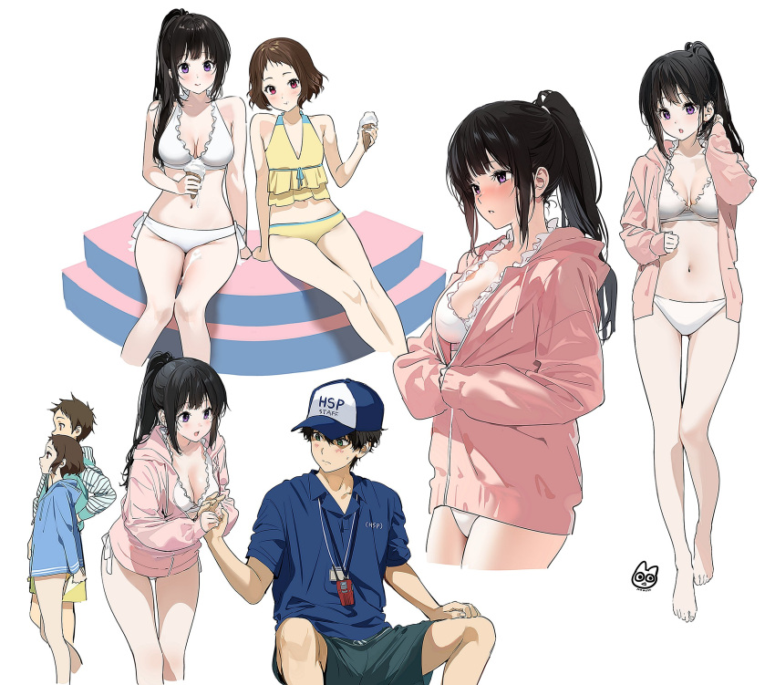 1girl 2boys :o alternate_costume artist_logo bangs bare_arms bare_shoulders bikini black_hair black_shorts blue_eyes blue_headwear blue_jacket blue_shirt blush breasts brown_hair chitanda_eru collared_shirt cropped_legs food from_side fukube_satoshi grey_background highres holding_hands hood hood_down hooded_jacket hyouka ibara_mayaka ice_cream ice_cream_cone jacket large_breasts long_hair mery_(yangmalgage) multiple_boys multiple_views navel open_mouth oreki_houtarou pink_jacket ponytail purple_eyes shirt shorts simple_background sitting smile stomach swimsuit white_bikini yellow_bikini