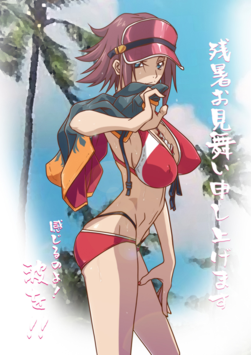 1girl bikini blue_eyes breasts brown_hair closed_mouth code_geass code_geass:_genesic_re;code covered_nipples day from_side groin highres holding holding_clothes holding_jacket jacket kallen_stadtfeld kyabakurabakufu large_breasts lens_flare long_hair looking_at_viewer nail_polish navel outdoors palm_tree red_bikini red_nails shiny shiny_hair sideboob solo spiked_hair standing summer swimsuit tree visor_cap