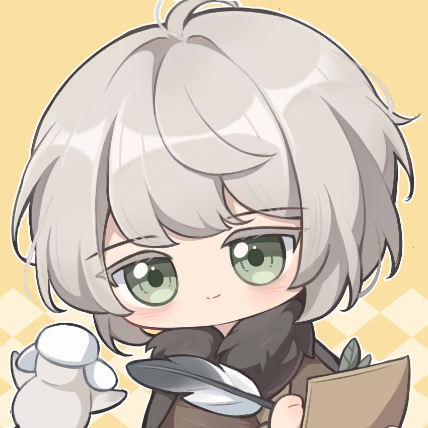 1boy absurdres ai_chi_guobaoyou bird black_scarf brown_coat chibi closed_mouth coat green_eyes grey_hair head_tilt highres holding holding_paper holding_quill looking_at_animal male_focus paper quill reverse:1999 scarf short_hair smile solo upper_body yellow_background zima_(reverse:1999)