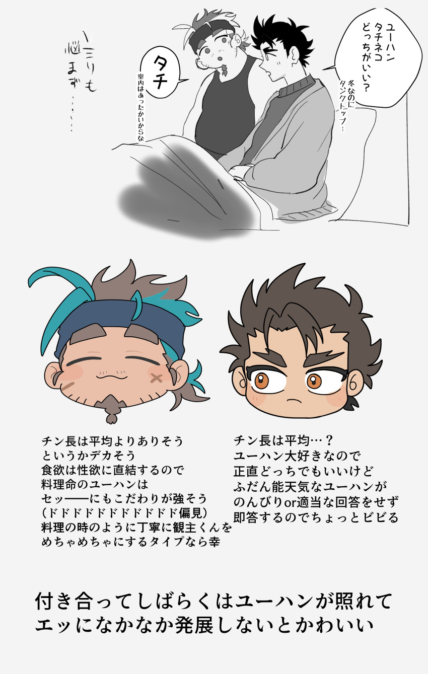 2boys :o =_= absurdres afterglow aqua_hair bara beard beard_stubble belly black_tank_top blank_stare blue_eyes blush brown_hair chibi cropped_head cross_scar doodle_inset facial_hair goatee happy head_tilt headband highres huge_eyebrows kihane_atsusane live_a_hero looking_at_another male_focus male_protagonist_(live_a_hero) medium_hair multiple_boys mustache_stubble partially_colored plump sanpaku scar scar_on_face sideburns_stubble sideways_glance sketch solid_circle_eyes sweater tank_top text_focus tied_beard translation_request yaoi yuhang_(live_a_hero)