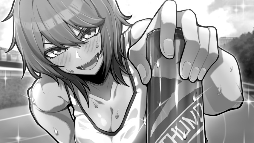 1girl blush breasts can epeulu_(ate5424) greyscale holding holding_can large_breasts medium_hair monochrome original smile solo sparkle sweat tank_top underwear