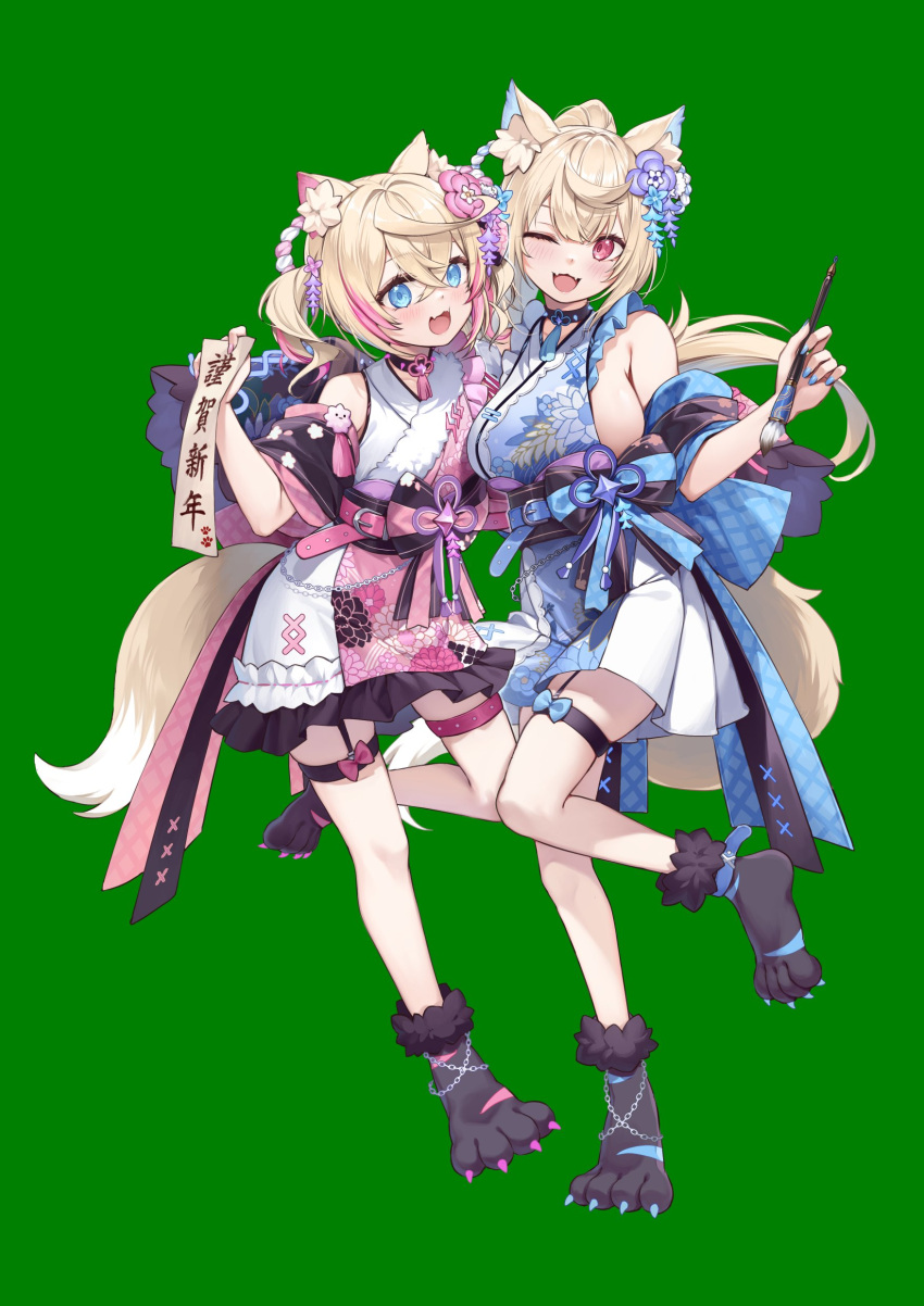 2girls absurdres animal_ear_fluff animal_ears asymmetrical_clothes belt belt_buckle blonde_hair blue_belt blue_eyes blue_hair breasts buckle crossed_bangs curry_bowl detached_sleeves dog_ears dog_girl dog_tail flower frilled_kimono frills fuwawa_abyssgard fuwawa_abyssgard_(new_year) green_background hair_between_eyes hair_flower hair_ornament highres holding holding_calligraphy_brush holding_paper hololive hololive_english japanese_clothes kimono large_breasts looking_at_viewer mococo_abyssgard mococo_abyssgard_(new_year) multicolored_hair multiple_girls official_alternate_costume official_alternate_hairstyle one_eye_closed paper paw_shoes pink_belt pink_eyes pink_hair pink_kimono siblings sideboob sideless_kimono simple_background sisters sleeveless standing standing_on_one_leg streaked_hair tail thigh_strap twins virtual_youtuber white_kimono