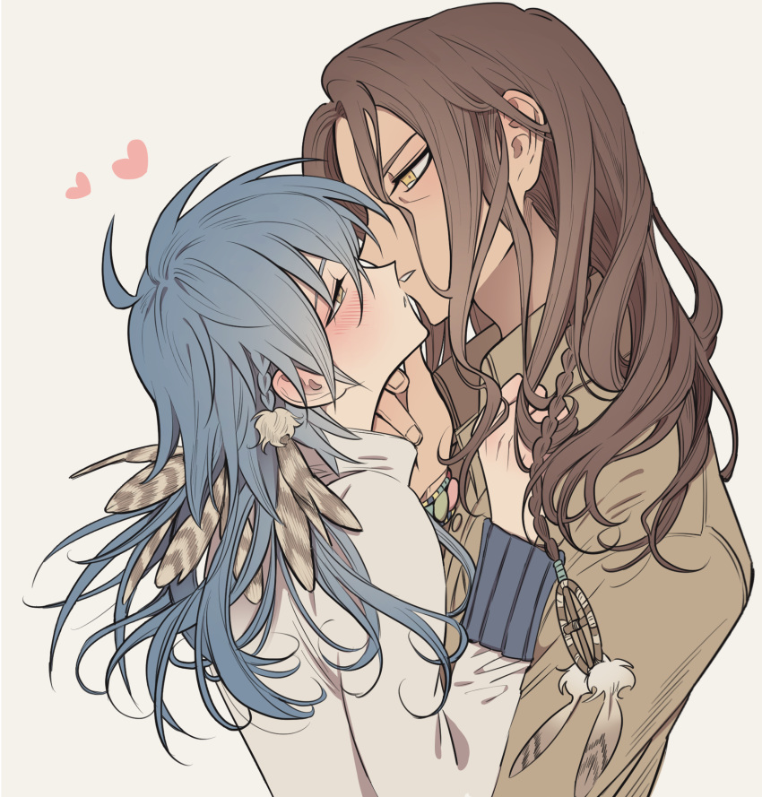2boys androgynous blue_hair braid brown_hair dramatical_murder eye_contact face-to-face feathers from_side hair_between_eyes half-closed_eyes hand_on_another's_chest hand_on_another's_chin hand_up heart highres kiss long_hair long_sleeves looking_at_another male_focus meremero mink_(dramatical_murder) multiple_boys open_mouth profile seragaki_aoba simple_background upper_body wavy_hair yaoi yellow_eyes
