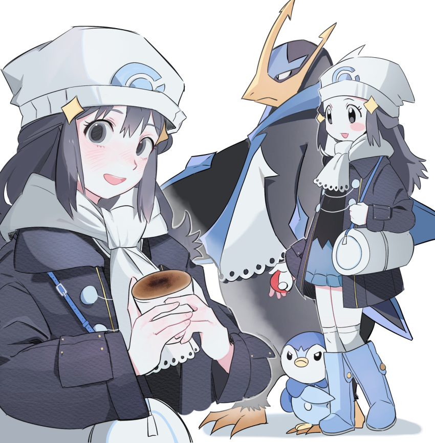 1girl alternate_color beanie bird black_hair black_jacket blue_skin blush colored_skin commentary commentary_request dawn_(pokemon) empoleon grey_eyes hat highres jacket long_hair looking_at_viewer memoji_7672 mixed-language_commentary multiple_views open_mouth penguin piplup pokemon pokemon_(creature) pokemon_dppt smile teeth upper_teeth_only v-shaped_eyebrows white_background white_headwear