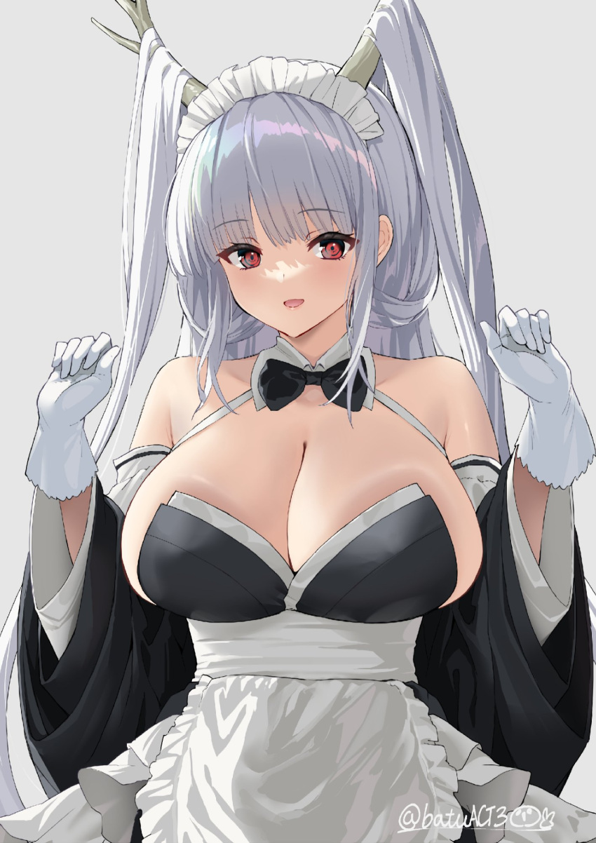 1girl apron azur_lane batsu black_bow black_bowtie black_dress bow bowtie breasts cleavage dress gloves highres horns large_breasts long_hair long_sleeves looking_at_viewer maid maid_apron open_mouth red_eyes shimanto_(azur_lane) shimanto_(the_comfy_dragon_god)_(azur_lane) shirt simple_background smile solo upper_body white_apron white_background white_gloves white_hair wide_sleeves