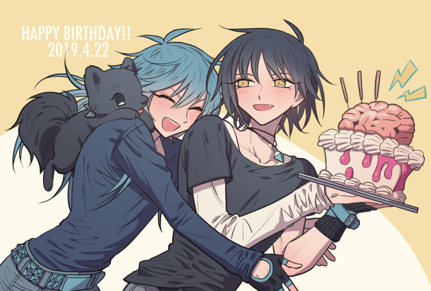 2boys :d ^_^ animal_on_shoulder birthday_cake black_gloves black_hair black_shirt blue_hair blue_shirt brain cake candle closed_eyes dog dramatical_murder facing_another fang food gloves hair_between_eyes happy happy_birthday highres holding holding_plate hug hug_from_behind jewelry long_hair long_sleeves male_focus meremero multiple_boys necklace open_mouth plate ren_(dramatical_murder) sei_(dramatical_murder) seragaki_aoba shirt short_hair smile standing yaoi yellow_eyes