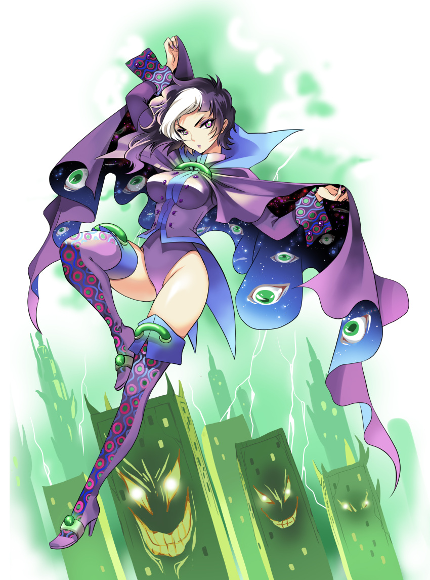 1girl absurdres boots breasts cape commentary commission eguana english_commentary evil_grin evil_smile full_body genderswap genderswap_(mtf) grin high_heels highleg highleg_leotard highres jacket large_breasts leotard original purple_cape purple_eyes purple_footwear purple_hair purple_jacket purple_leotard second-party_source short_hair smile solo thigh_boots two-sided_cape two-sided_fabric