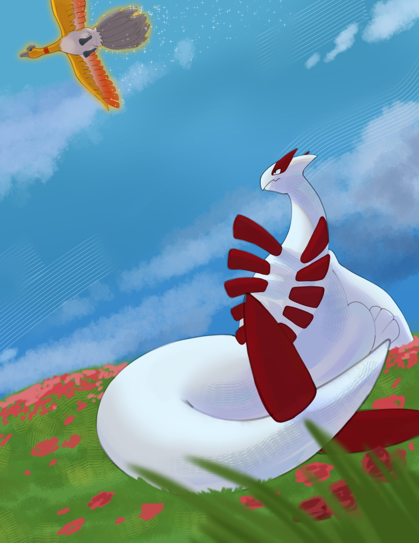 2022 absurd_res ambiguous_gender avian big_tail claws cloud detailed_background digital_drawing_(artwork) digital_media_(artwork) duo feathers feet feral flower flying generation_2_pokemon grass grey_body grey_feathers hi_res ho-oh legendary_duo legendary_pokemon long_tail looking_at_another looking_up low-angle_view lugia multicolored_body multicolored_feathers nintendo orange_body orange_feathers plant pokemon pokemon_(species) red_body semi-anthro shiny_pokemon sitting sky sparkles tail talons toes tower_duo two_tone_body white_body white_feathers xeniyy yellow_body yellow_feathers