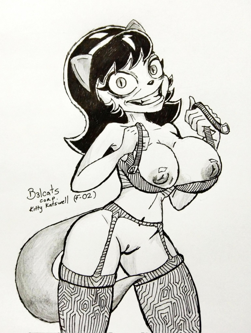 anthro b3lcats breasts clothed clothing domestic_cat felid feline felis female hi_res kitty_katswell lingerie mammal monochrome nickelodeon nipples partially_clothed solo t.u.f.f._puppy tail