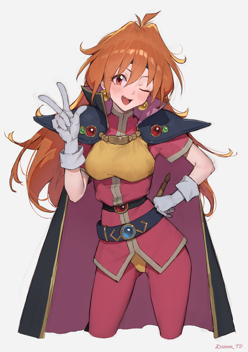 1girl absurdres ahoge armor belt black_belt black_cape black_headband blush breasts cape commentary contrapposto cropped_legs earrings fang gloves hair_between_eyes hand_on_own_hip hand_up headband high_collar highres jewelry lina_inverse long_hair looking_at_viewer medium_breasts multicolored_cape multicolored_clothes multiple_belts one_eye_closed open_mouth orange_hair pants pauldrons purple_cape red_eyes red_pants red_shirt shirt short_sleeves shoulder_armor simple_background slayers smile solo sooon twitter_username two-sided_cape two-sided_fabric w white_background white_gloves