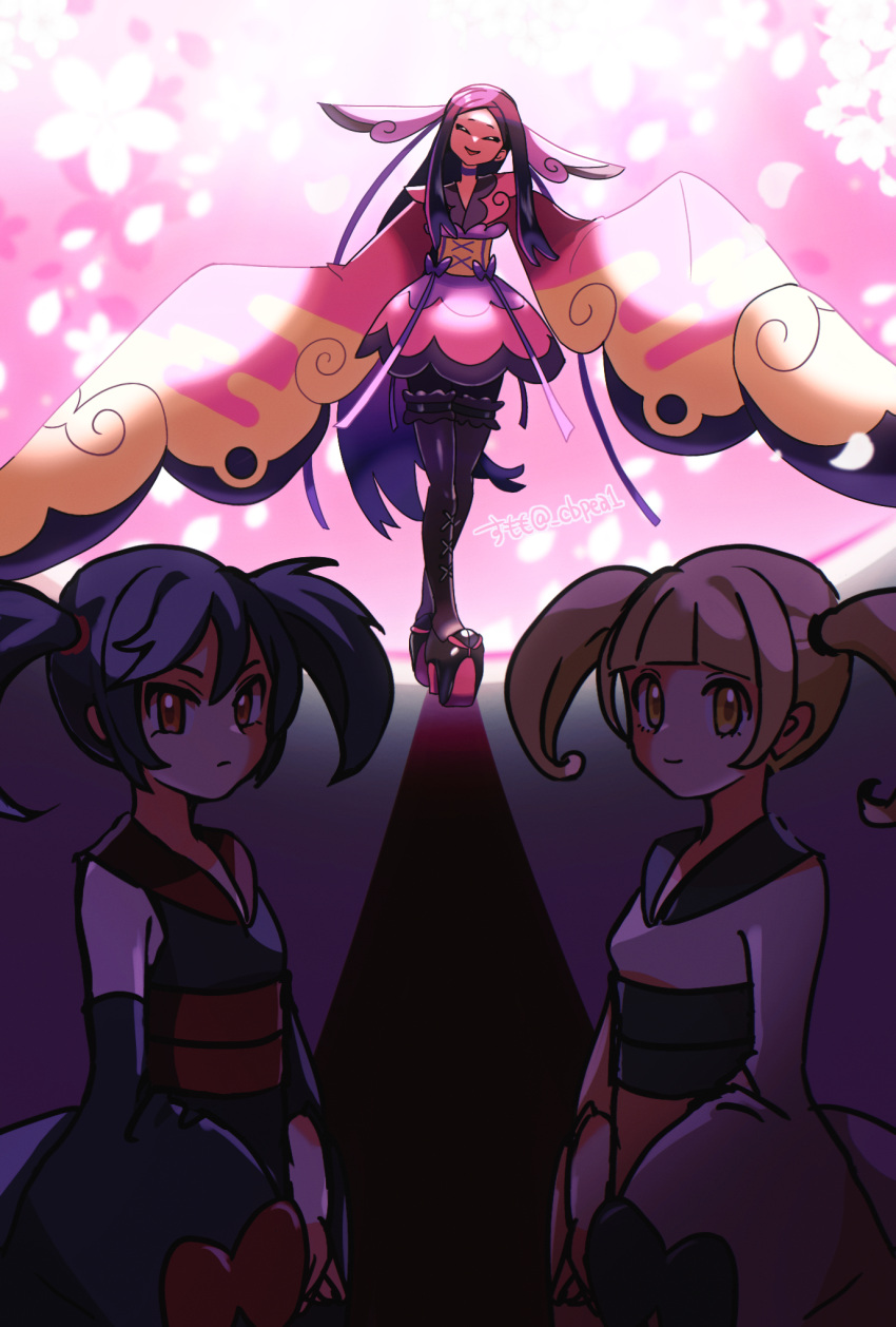 3girls black_hair blonde_hair cbpea1 detached_sleeves furisode furisode_girl_(pokemon) furisode_girl_kali furisode_girl_katherine high_heels highres japanese_clothes kimono long_hair multiple_girls pink_kimono pokemon pokemon_xy sleeves_past_fingers sleeves_past_wrists valerie_(pokemon)