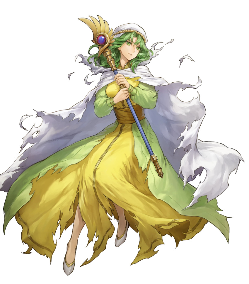 1girl cloak damaged dress fire_emblem fire_emblem:_thracia_776 fire_emblem_heroes full_body green_dress green_eyes green_hair highres hood hooded_cloak medium_hair non-web_source nun official_art safy_(fire_emblem) solo torn_cloak torn_clothes torn_dress white_cloak