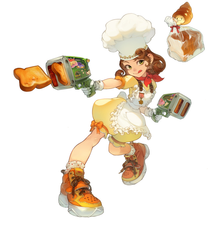 1girl absurdres apron bread bread_slice brown_hair chef_hat dress food frilled_apron frills gloves green_eyes hat highres long_hair orange_footwear original sauna_posa shoes short_sleeves simple_background solo toast toaster tongue tongue_out white_apron white_background white_gloves yellow_dress