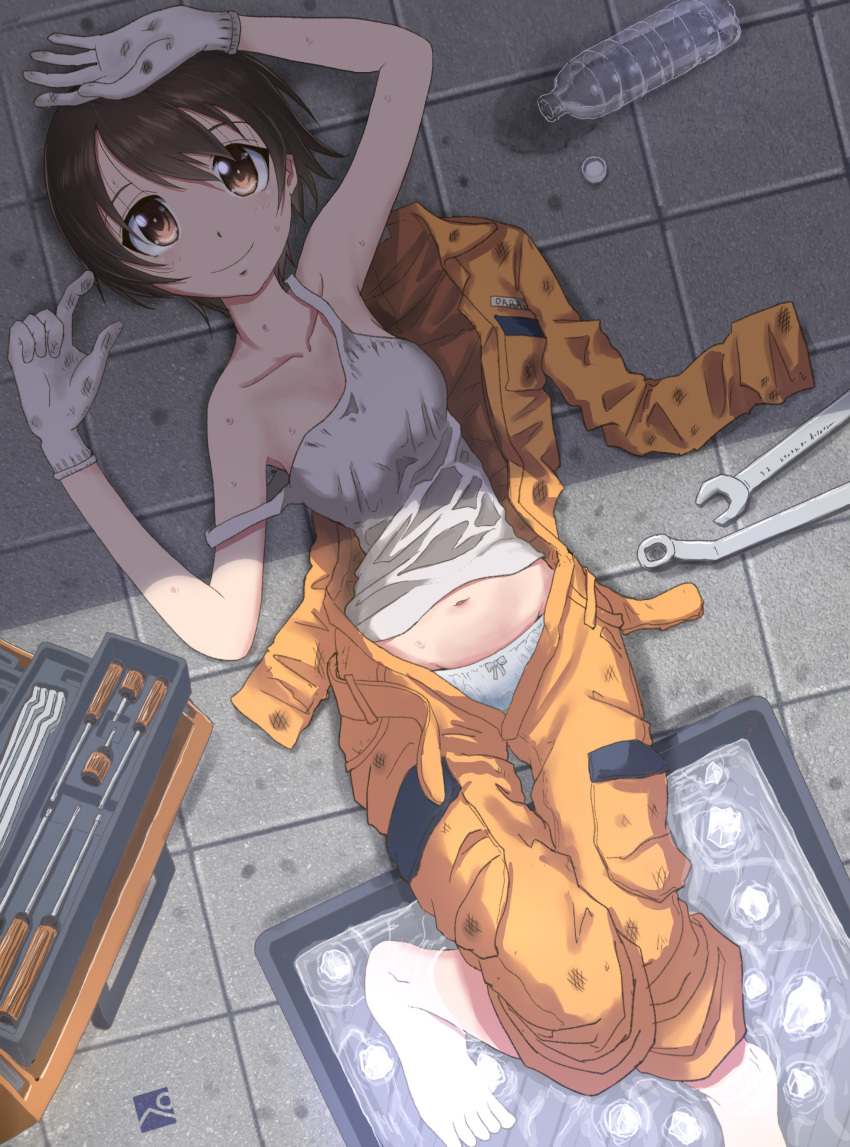 1girl absurdres arms_up artist_logo barefoot bottle bow bow_panties brown_eyes brown_hair camisole closed_mouth commentary dirty dirty_clothes foot_up from_above girls_und_panzer gloves highres jumpsuit jumpsuit_pull kainushi long_sleeves looking_at_viewer lying mechanic midriff nakajima_(girls_und_panzer) navel on_back orange_jumpsuit panties shirt short_hair smile soaking_feet solo strap_slip sweat toolbox underwear uniform unzipped water_bottle white_camisole white_gloves white_panties white_shirt wrench