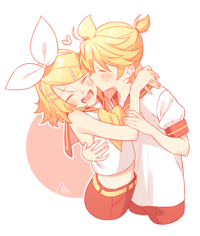 1boy 1girl bare_shoulders black_sailor_collar black_shorts blonde_hair blush bon_bon_eee bow brother_and_sister closed_eyes hair_bow hair_ornament hairclip heart highres incest kagamine_len kagamine_rin kiss kissing_cheek open_mouth outline sailor_collar shirt short_hair short_ponytail short_sleeves shorts siblings signature simple_background twincest twins vocaloid white_bow white_outline white_shirt