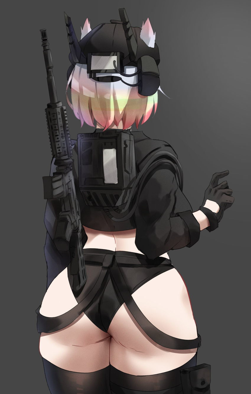 1girl absurdres animal_ears animeattics ass ass_focus back black_hoodie cat_ears cat_girl cropped_hoodie facing_away from_behind gloves gun hat highres hood hoodie huge_ass military military_hat multicolored_hair original rainbow_hair short_hair simple_background solo strap thick_thighs thighhighs thighs weapon