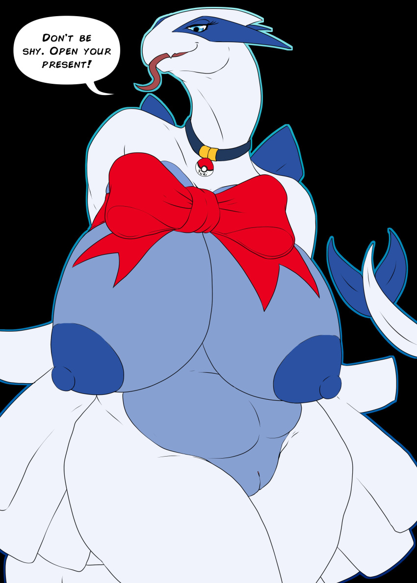 absurd_res anthro areola big_breasts breasts female generation_2_pokemon genitals hi_res legendary_pokemon lugia nintendo nude pokemon pokemon_(species) pussy ribbons smile solo tolerain tongue video_games