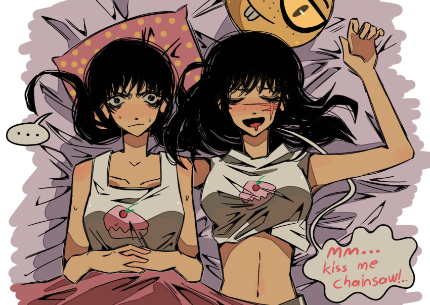 ... 2girls 31ulkubo blanket blush breasts chainsaw_man clothes_lift commentary cross_scar drooling english_text lying medium_breasts midriff mitaka_asa multiple_girls navel nerd_emoji on_back open_mouth pillow scar scar_on_cheek scar_on_face shirt_lift sleeping spoken_ellipsis sweat tank_top under_covers white_tank_top yoru_(chainsaw_man)