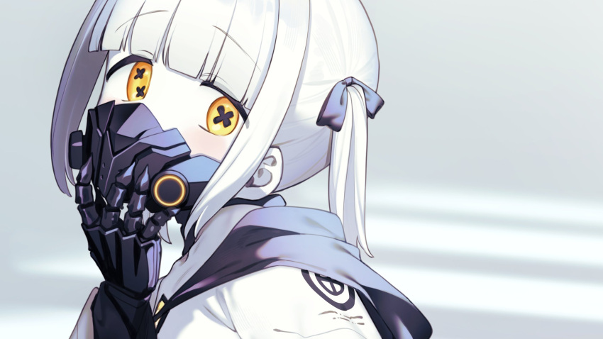 1girl black_mask blue_archive blunt_bangs colored_skin commentary_request ein_(blue_archive) extra_pupils highres looking_at_viewer mechanical_hands medium_hair portrait respirator signalviolet solo symbol-shaped_pupils twintails upper_body white_hair white_skin x-shaped_pupils yellow_eyes