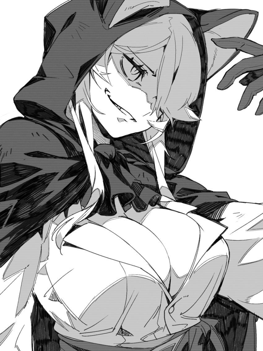 animal_ears ara_taro arm_up belt black_gloves bow bowtie breasts buttons cape cat_ears cat_girl cleavage evil_grin evil_smile gloves greyscale grin hair_over_one_eye highres hood long_bangs long_hair looking_up medium_breasts monochrome original shaded_face shirt smile teeth white_shirt