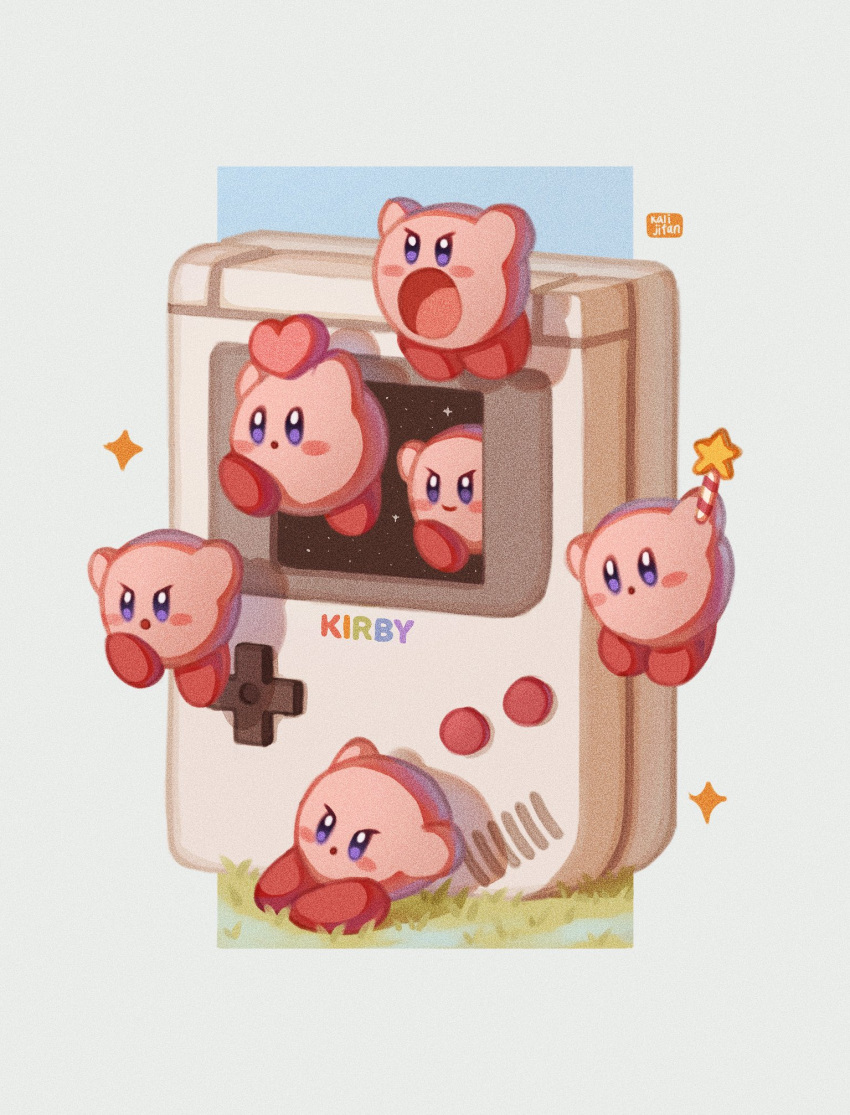 :o arms_up blue_background blue_eyes blush_stickers clone closed_mouth colored_skin commentary english_commentary game_boy handheld_game_console heart highres holding holding_heart holding_wand kirby kirby_(series) no_humans on_grass open_mouth oversized_object pink_skin red_footwear redrawn sample_watermark shadow shoes simple_background smile space sparkling_eyes star_(sky) star_rod v-shaped_eyes wand watermark xin_(kalijifan)